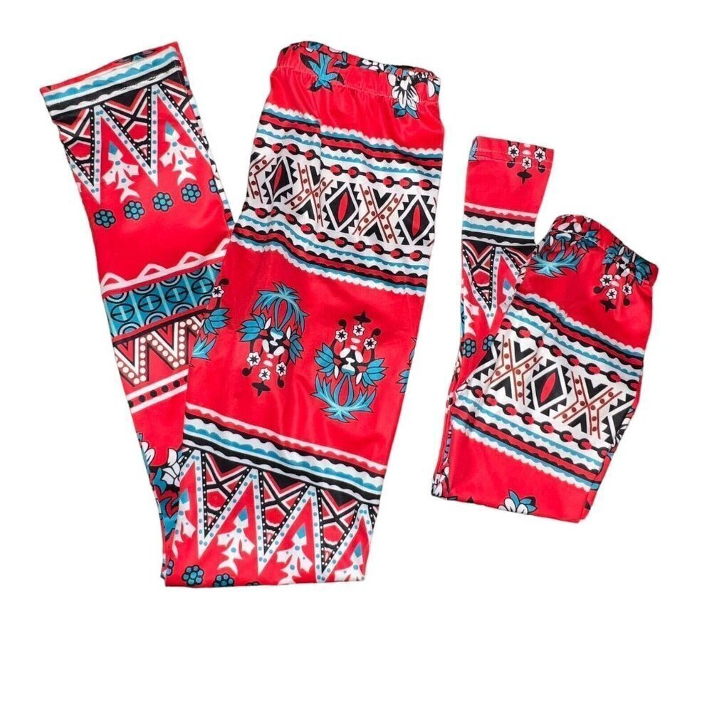 PATPAT AZTEC FLORAL RED BLUE MOTHER DAUGHTER MATCHING LEGGINGS SIZE SMALL NEW‎